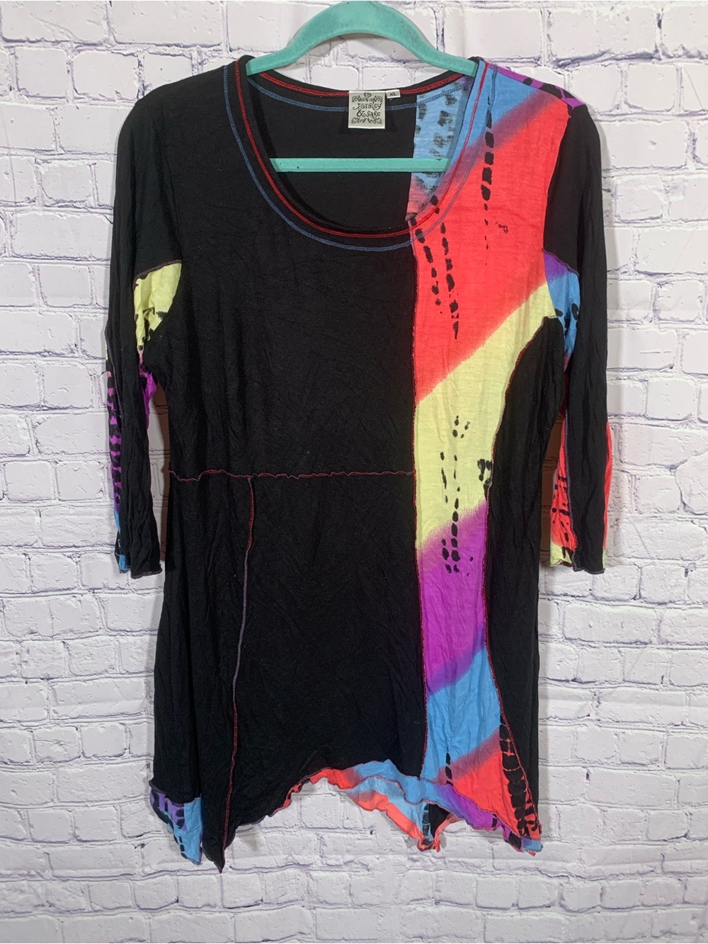 Parsley & Sage Womens Patchwork Lagenlook Scoop Neck Top Sz XL Artsy Whimsigoth